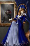 anthro breasts canine chair clothed clothing female fur hair looking_at_viewer mammal sitting smile solo thescarletartist throne 