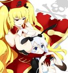  animal_ears anne_bonny_(fate/grand_order) blonde_hair blue_eyes bow breast_pillow breasts bunny_ears cleavage cleavage_cutout commentary_request detached_collar dress elbow_gloves fate/grand_order fate_(series) gloves hair_ribbon hairband hat highres hug hug_from_behind kneeling large_breasts long_hair lying mary_read_(fate/grand_order) mattari_yufi multiple_girls on_back open_mouth pirate_hat red_dress red_eyes ribbon scar short_sleeves silver_hair skull_and_crossbones small_breasts smile twintails white_background 