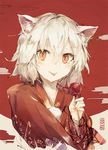  2017 :p animal_ears candy_apple closed_mouth cloud commentary_request floral_print food hair_between_eyes hand_up holding holding_food inubashiri_momiji japanese_clothes kashii_(amoranorem) kimono long_sleeves looking_at_viewer orange_eyes print_kimono red_kimono red_sun short_hair slit_pupils solo tongue tongue_out touhou upper_body white_hair wolf_ears yukata 