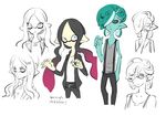  1girl adjusting_eyewear black_hair black_jacket black_pants closed_eyes domino_mask glasses gradient_hair green_hair green_skin inkling iskandar_(fetishbambi) jacket kagi_(splatoon) long_hair mask multicolored_hair pants ryan_(splatoon) short_hair splatoon_(series) splatoon_2 suspenders tentacle_hair 