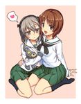  :d black_ribbon blush boko_(girls_und_panzer) brown_eyes brown_hair eyebrows_visible_through_hair girls_und_panzer green_skirt grey_eyes grey_hair hair_ribbon hairband heart ikomochi long_hair looking_at_viewer multiple_girls nishizumi_miho ooarai_school_uniform open_mouth pink_background ribbon school_uniform shimada_arisu short_hair simple_background sitting skirt smile socks spoken_heart stuffed_animal stuffed_toy teddy_bear wariza yuri 