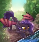  bat_pony cutie_mark day detailed_background eyelashes fan_character female feral hair hooves imanika membranous_wings my_little_pony nude outside purple_hair sky solo standing water wings yellow_eyes 