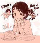 1girl angel_and_devil arm_strap cake commentary_request food highres idolmaster idolmaster_cinderella_girls monochrome multiple_persona open_mouth sasaki_chie short_hair shoulder_angel shoulder_devil solo teiryoku_lolita 