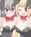  ;d animal_ears bad_id bad_pixiv_id bare_shoulders blonde_hair blush bow bowtie breasts brown_eyes bunny_ears bunny_hair_ornament bunnysuit celebi_ryousangata character_request cleavage detached_collar eyebrows_visible_through_hair fake_animal_ears grey_hair hair_ornament large_breasts looking_at_viewer medium_breasts multiple_girls one_eye_closed open_mouth pink_eyes red_bow red_neckwear short_hair smile uzanee!! v 