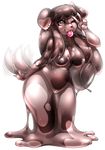  2016 anthro belly bow breasts brown_eyes canine digital_media_(artwork) dog female floppy_ears goo hair long_hair looking_at_viewer madamsquiggles mammal nipples nude peace_sign_(disambiguation) simple_background smile solo thick_thighs tongue tongue_out wagging wide_hips 