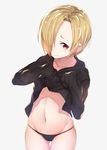  absurdres akky_(akimi1127) black_panties black_sweater blonde_hair clothes_lift collarbone cowboy_shot ear_piercing earrings hair_over_one_eye highres idolmaster idolmaster_cinderella_girls jewelry lifted_by_self looking_at_viewer panties piercing red_eyes shirasaka_koume short_hair simple_background sleeves_past_wrists solo sweater sweater_lift underwear wavy_mouth white_background 