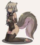  animal_ears anklet bare_shoulders barefoot black_legwear bracelet braid breasts commentary covered_navel detached_sleeves full_body green_hair grey_background itou_ryuusei jewelry kneeling knees_together_feet_apart large_tail long_hair looking_at_viewer medium_breasts naked_tabard no_panties original shadow sideboob single_braid slit_pupils solo squirrel_ears squirrel_tail tabard tail toeless_legwear yellow_eyes 