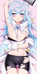  ahoge arm_up armpits ass_visible_through_thighs bangs bed_sheet bike_shorts blue_eyes blue_hair blush bulge cowboy_shot dakimakura detached_collar gloves groin hacka_doll hacka_doll_3 hair_between_eyes handheld_game_console highres long_hair looking_at_viewer lying m-da_s-tarou male_focus midriff navel nintendo_switch nipples on_back open_mouth otoko_no_ko smile solo torn_bike_shorts torn_clothes wavy_mouth white_gloves 