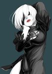  arm_behind_back bangs black_dress black_feathers blindfold breasts cleavage cleavage_cutout cowboy_shot dress hand_on_own_cheek highres leotard lipstick long_sleeves makeup medium_breasts mole mole_under_mouth nier_(series) nier_automata no_gloves open_mouth puffy_long_sleeves puffy_sleeves red_lips short_hair solo spot_color takuroo white_hair white_leotard white_skin yorha_no._2_type_b 