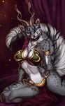  anthro armor breasts clothed clothing collar feline female horn kneeling looking_at_viewer mammal solo thescarletartist 