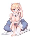  :o animal_ears arm_support babydoll bangs bare_shoulders blonde_hair blue_ribbon blush brave_witches breasts cat_ears cleavage detached_collar detached_sleeves eyebrows_visible_through_hair eyelashes fingernails full_body hand_on_own_head hand_up highres kneeling konnyaku_(kk-monmon) looking_at_viewer medium_breasts nikka_edvardine_katajainen no_shoes open_mouth panties pillow ribbon see-through shiny shiny_hair shiny_skin short_hair simple_background sitting solo spaghetti_strap thigh_gap thighhighs underwear wariza weasel_ears white_background white_legwear white_panties world_witches_series 