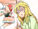  ahoge blonde_hair cake crying crying_with_eyes_open dress_shirt food fruit hoshii_miki idolmaster idolmaster_(classic) ketchup long_hair momo_no_suidou-sui o_o open_mouth out_of_frame pale_face plate shirt solo_focus strawberry tears trembling 