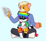  2014 anthro blonde_hair cat clothed clothing cub cup drawing featureless_crotch feline four_ears fur gloves_(marking) hair heterochromia legwear mammal markings multicolored_fur multicolored_hair musuko42 musuko_(character) nude ooo_(character) orange_fur rainbow_fur rainbow_hair rainbow_tongue reading red_eyes simple_background socks socks_(marking) young 