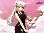  2005 belt black_dress blue_eyes cloud dress hair_ribbon highres holding holding_staff long_dress long_hair looking_at_viewer mabinogi nao_(mabinogi) no_pupils ribbon shepherd's_crook smile solo staff twintails wallpaper watermark web_address white_hair 