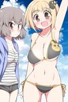  :d arm_up armpits bad_id bad_pixiv_id bikini black_bikini blonde_hair blue_sky blush breasts bunny_hair_ornament celebi_ryousangata character_request cleavage cloud day eyebrows_visible_through_hair grey_hair hair_ornament large_breasts looking_at_viewer multiple_girls navel open_mouth pink_eyes short_hair side-tie_bikini sky smile striped swimsuit uzanee!! 