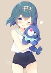  2017 ;d artist_name blue_eyes blue_hair blush brown_background carrying dated gen_7_pokemon hairband heart looking_at_viewer one_eye_closed open_mouth pokemon pokemon_(creature) pokemon_(game) pokemon_sm popplio school_swimsuit shiratama_(shiratamaco) short_hair simple_background smile suiren_(pokemon) swimsuit swimsuit_under_clothes trial_captain 