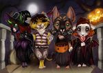  anthro canine cervine clothed clothing deer feline female group halloween holidays male mammal open_mouth smile standing thescarletartist trick-or-treating young 