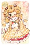  animal animal_hat bird blonde_hair blush bow chick chicken chinese_zodiac commentary_request egg frills gingham_dress green_eyes happy_new_year hat holding holding_animal japanese_clothes mokarooru new_year no_legs one_eye_closed open_mouth original rooster short_twintails solo twintails white_bow year_of_the_rooster 