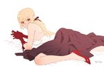  bare_shoulders bed_sheet blonde_hair breasts elbow_gloves elbow_rest gloves hair_ribbon hands_together high_heels highres kiss-shot_acerola-orion_heart-under-blade kizumonogatari konnota large_breasts long_hair looking_at_viewer lying monogatari_(series) on_stomach orange_eyes pointy_ears ponytail red_footwear ribbon shoes sideboob signature simple_background skirt solo white_background 