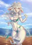  2017 anthro beach big_ears bikini bovine breast_squish breasts clothed clothing cloud erect_nipples female front_view fur hair horn laces mammal navel nipples orange_eyes sand sea seaside sky smile solo standing swimsuit topless water white_fur white_hair zoy 