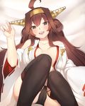  ahoge bare_shoulders black_eyes black_panties blush breasts brown_hair cameltoe double_bun hairband headgear k_jin kantai_collection kongou_(kantai_collection) long_hair looking_at_viewer lying medium_breasts nontraditional_miko off_shoulder on_back open_clothes open_mouth open_shirt panties ribbon-trimmed_sleeves ribbon_trim shirt smile solo underwear very_long_hair wide_sleeves 