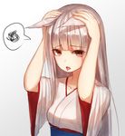  animal_ears blush brown_eyes collarbone commentary_request fox_ears fox_girl highres hime_cut japanese_clothes kimono looking_at_viewer munuu obi original parted_lips sash silver_hair solo spoken_squiggle squiggle tongue tongue_out upper_body wide_sleeves 