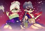  2girls alcohol alternate_costume aori_(splatoon) bangs bare_legs bare_shoulders black_hair blush bottle breasts cherry_blossoms cleavage collarbone cousins cup domino_mask fangs gradient gradient_background green_eyes high_ponytail highres holding holding_pipe hotaru_(splatoon) idol japanese_clothes junco kimono kiseru knee_blush light_smile long_hair long_sleeves looking_at_viewer mask medium_breasts mole mole_under_eye multiple_girls obi off_shoulder open_mouth parted_lips petals pink_eyes pipe pointy_ears ponytail red_background sakazuki sake sake_bottle sash simple_background sitting smile smoke smoking smug splatoon_(series) splatoon_1 squid swept_bangs teeth tentacle_hair thick_eyebrows very_long_hair white_hair wide_sleeves yokozuwari 