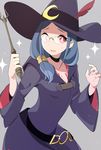  belt blue_hair breasts choker cleavage crescent glasses hair_over_shoulder hat hat_feather highres koshou_shichimi little_witch_academia medium_breasts open_mouth red_eyes smile solo sparkle sweatdrop ursula_charistes wand wide_sleeves witch_hat 