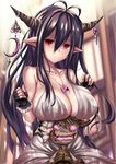  antenna_hair bare_shoulders black_gloves black_hair breast_rest breasts cleavage closed_mouth collarbone commentary_request crescent danua draph dress fingerless_gloves gloves granblue_fantasy hair_between_eyes hansel_(granblue_fantasy) highres horn_ornament horns jewelry large_breasts long_hair looking_at_viewer pendant pointy_ears red_eyes sidelocks tama_satou tears very_long_hair white_dress 