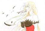  bare_shoulders blonde_hair breasts dress elbow_gloves feathers gloves hair_ribbon iyakun kiss-shot_acerola-orion_heart-under-blade kizumonogatari large_breasts long_hair looking_afar monogatari_(series) pointy_ears red_dress ribbon simple_background solo white_background yellow_eyes 