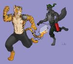 anthro canine clothed clothing duo feline fire_extinguisher fur hair julicat male mammal muscular standing tiger toaster 