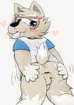  &lt;3 anus balls blue_eyes blush brown_fur canine clothed clothing condom eyewear fifa fur glasses inuwanko looking_at_viewer male mammal penis solo white_fur wolf zabivaka 