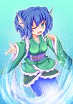  blue_eyes blue_hair commentary_request drill_hair green_kimono head_fins japanese_clothes kimono mermaid monster_girl obi sash solo tetsuhige touhou wakasagihime 