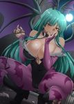  animal_print bangs bare_shoulders bat bat_print bat_wings blush breasts bridal_gauntlets chains cleavage closed_mouth collar commentary demon_girl english_commentary green_hair hand_on_own_face head_wings heart_cutout hellandheaven highres large_breasts leotard long_hair looking_at_viewer moon morrigan_aensland nail_polish night night_sky outdoors pantyhose print_legwear purple_legwear purple_wings sky smile squatting succubus vampire_(game) wings yellow_eyes 