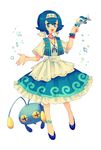  :d alternate_costume anklet bangle beans blue_eyes blue_hair blush bracelet chinchou dress earrings flats gen_2_pokemon gen_7_pokemon hairband highres jewelry necklace open_mouth outstretched_hand pokemon pokemon_(creature) pokemon_(game) pokemon_sm sarami_(sa_rami30) short_hair short_sleeves simple_background smile solo suiren_(pokemon) traditional_clothes trial_captain white_background wide_sleeves wishiwashi 