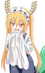  blonde_hair blush dragon_girl dragon_tail dress_shirt fang female_pervert frills gloves hair_between_eyes highres holding_shirt kobayashi-san_chi_no_maidragon licking long_hair maid maid_headdress open_mouth pervert red_eyes saliva shirt slit_pupils solo tail tongue tongue_out tooru_(maidragon) trg-_(sain) twintails very_long_hair white_gloves white_shirt 