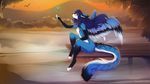  anthro blue_fur breasts canine day detailed_background feathered_wings feathers featureless_breasts female fur hair lycangel mammal nude purple_hair sitting sky smile solo water wings 