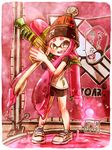  2016 bangs bike_shorts black_shorts blunt_bangs blush bobblehat brown_eyes dated domino_mask double_vertical_stripe fangs full_body harutarou_(orion_3boshi) ink_tank_(splatoon) inkling inkling_(language) logo long_hair looking_at_viewer mask open_mouth paint_splatter pink_hair pointy_ears shirt shoes short_sleeves shorts smile sneakers solo splatoon_(series) splatoon_1 splattershot_(splatoon) standing tentacle_hair translated white_footwear white_shirt 