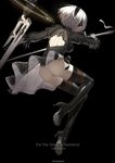  ass black_dress black_gloves black_legwear blindfold boots dress famepeera full_body gloves hairband high_heel_boots high_heels highres jumping leotard long_legs nier_(series) nier_automata panties pantyshot puffy_sleeves short_hair silver_hair solo sword thighhighs underwear weapon white_leotard yorha_no._2_type_b 