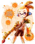  2016 bamboozler_14_(splatoon) black_shorts blue_eyes dated domino_mask from_side hair_slicked_back harutarou_(orion_3boshi) headgear holding holding_weapon ink_tank_(splatoon) inkling long_sleeves looking_at_viewer male_focus mask orange_hair paint_splatter parted_lips pointy_ears scrunchie short_over_long_sleeves short_sleeves shorts single_vertical_stripe solo splatoon_(series) splatoon_1 standing tentacle_hair topknot weapon 