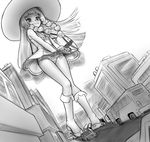  1girl alloyrabbit bag bangs blunt_bangs blush boots braid bus car city closed_mouth dress dress_pull embarrassed from_below full_body giant giantess greyscale legs lillie_(pokemon) long_hair looking_down monochrome panties pokemon pokemon_(game) pokemon_sm sleeveless solo street twin_braids underwear vehicle wavy_mouth 