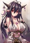  antenna_hair bare_shoulders black_gloves black_hair breast_rest breasts cleavage closed_mouth collarbone commentary_request crescent danua draph dress fingerless_gloves gloves granblue_fantasy hair_between_eyes hansel_(granblue_fantasy) highres horn_ornament horns jewelry large_breasts long_hair looking_at_viewer pendant pointy_ears red_eyes sidelocks tama_satou tears very_long_hair white_dress 