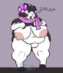  2017 animal_crossing anthro areola big_breasts blush breasts caprine digital_media_(artwork) eyeshadow female flashing headband hooves horn huge_breasts lipstick looking_at_viewer makeup mammal muffy_(animal_crossing) navel nintendo nipples open_mouth pussy scarf sheep simple_background solo text thick_thighs video_games wide_hips wittless-pilgrim wool 