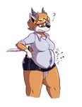  ? antelope belly big_belly blue_belly breasts clothing confusion digital_media_(artwork) female frown fur gazelle grey_fur hand_on_hip horn iris_(zaph) low_res mammal navel overweight simple_background solo standing thick_thighs tight_shirt white_background white_fur zaph 