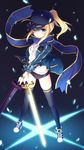  ahoge aqua_eyes artoria_pendragon_(all) baseball_cap black_legwear blonde_hair blue_jacket blue_scarf buruma commentary_request dark_excalibur dual_wielding excalibur fate/grand_order fate_(series) full_body groin gym_uniform hat highres holding holding_sword holding_weapon jacket long_sleeves masuishi_kinoto mysterious_heroine_x name_tag pocket ponytail rojiura_satsuki:_chapter_heroine_sanctuary scarf serious shoes sidelocks sneakers solo sword thighhighs track_jacket weapon wristband 