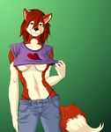  &lt;3 anthro biped blue_bottomwear blue_eyes breasts canine clothing crop_top diaboso digital_media_(artwork) dipstick_tail dog female front_view green_background husky jeans mammal multicolored_tail navel nymphetamine pants panty_peek portrait purple_topwear shirt shirt_logo simple_background smile smirk solo thong three-quarter_portrait tres-apples two_tone_tail under_boob 