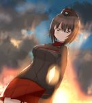  alknasn bangs black_jacket brown_eyes brown_hair closed_mouth cloud cloudy_sky cowboy_shot dress_shirt dutch_angle from_below garrison_cap girls_und_panzer hat jacket kuromorimine_military_uniform long_sleeves looking_at_viewer looking_down military military_uniform miniskirt nishizumi_maho pleated_skirt red_shirt red_skirt shirt short_hair skirt sky solo sunset uniform 