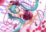  aqua_eyes bare_shoulders barefoot blurry checkered checkered_background crown depth_of_field detached_sleeves feet frilled_skirt frilled_sleeves frills fs full_body green_hair hatsune_miku high_heels long_hair long_legs nail_polish petals project_diva_(series) romeo_to_cinderella_(vocaloid) shoes_removed skirt soles solo toes twintails very_long_hair vintage_dress_(module) vocaloid 