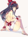  arm_support ass backless_outfit bangs black_hair blue_eyes blush bow breasts fingerless_gloves from_behind full_body gloves hair_bow hairband halterneck leotard long_hair medium_breasts min-naraken nakoruru one-piece_swimsuit red_bow samurai_spirits sideboob sitting solo swimsuit the_king_of_fighters the_king_of_fighters_xiv thighs white_gloves white_swimsuit 