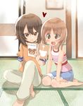  alknasn bangs blue_shorts boko_(girls_und_panzer) book brown_eyes brown_hair brown_pants girls_und_panzer holding holding_book multiple_girls nishizumi_maho nishizumi_miho open_mouth orange_shirt pants parted_lips pink_shirt shirt short_hair shorts sitting smile tank_top wariza younger 